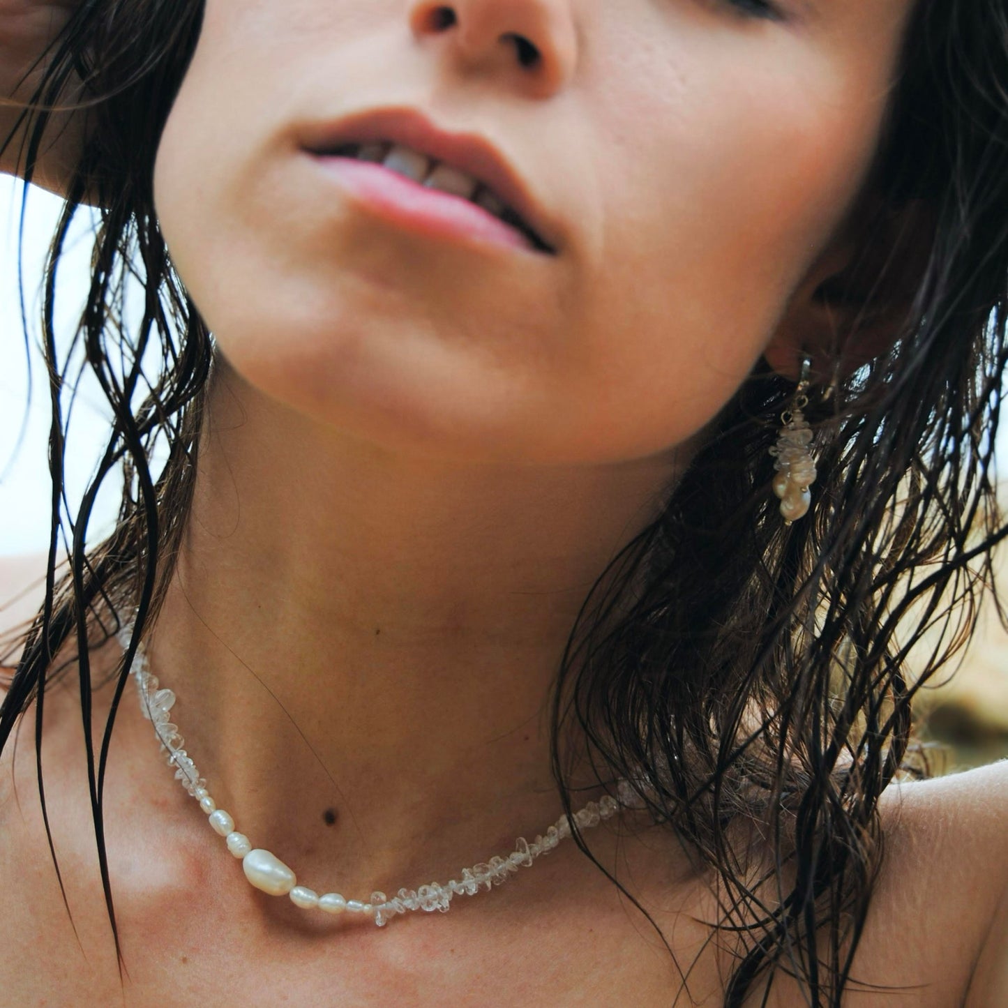 Pearl crystal necklace- Clear quartz