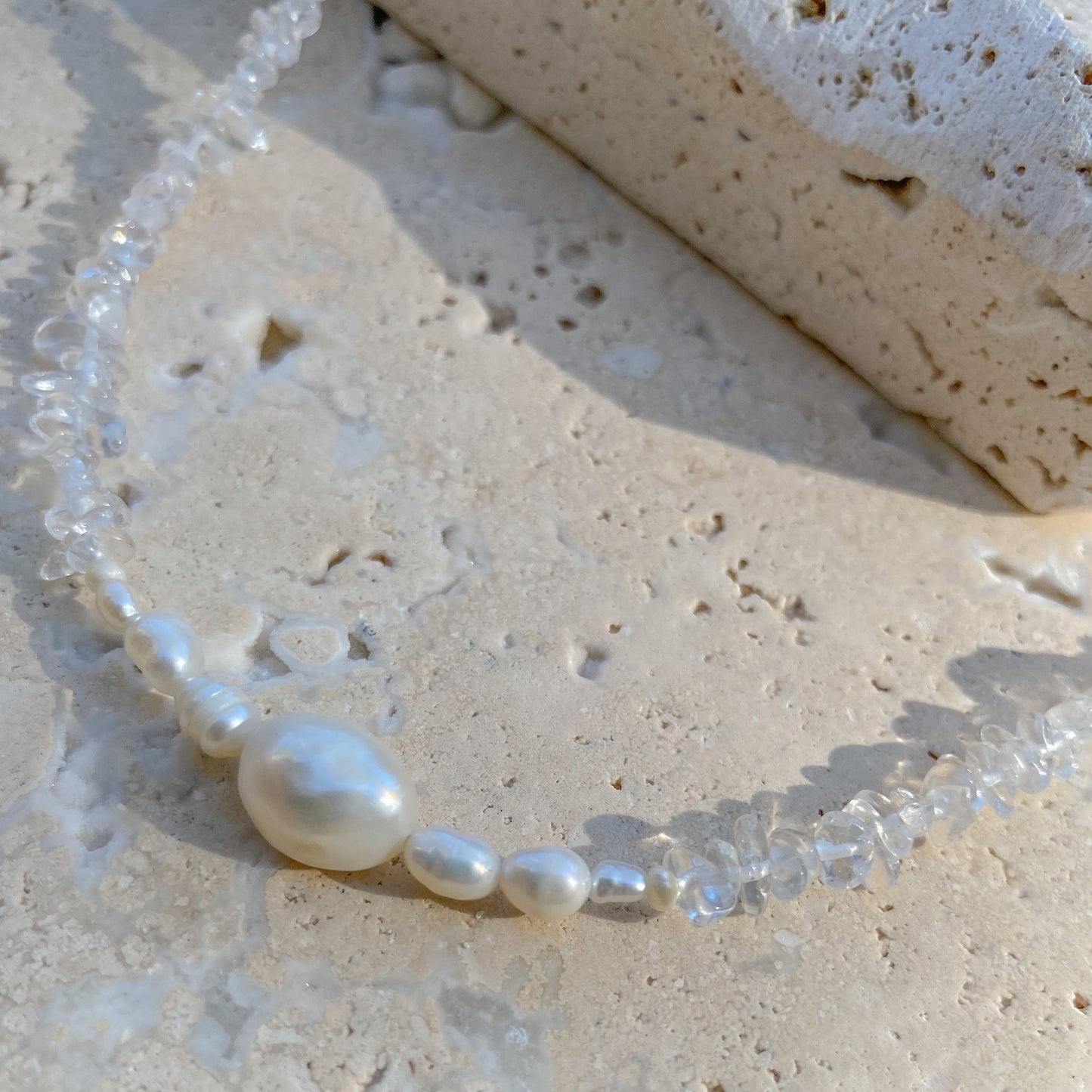 Pearl crystal necklace- Clear quartz