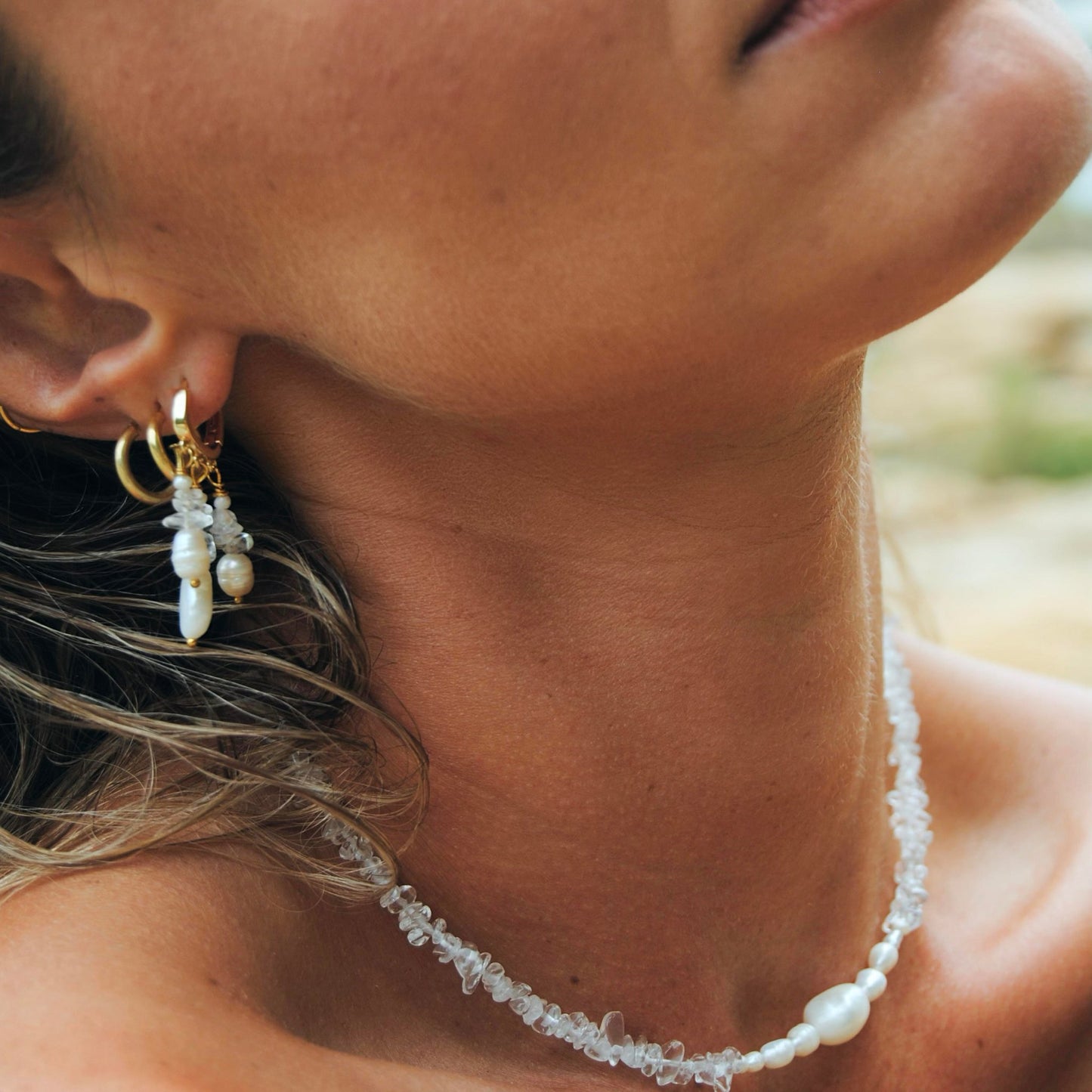 Pearl crystal necklace- Clear quartz