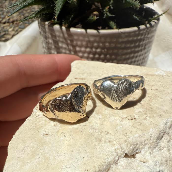 Two gold and silver heart-shaped rings fingerprint jeweler on a rock with a plant in the background