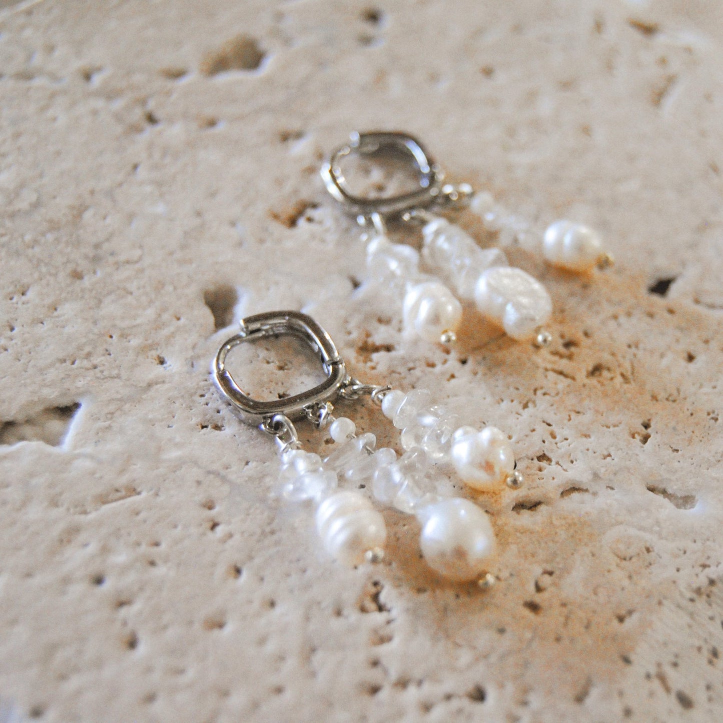 Crystal Pearl earrings- clear quarts silver