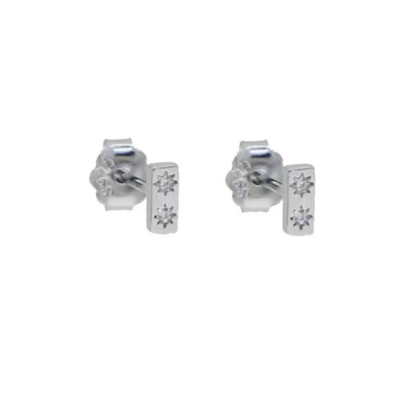 Pair of silver earrings with gemstones on a white background