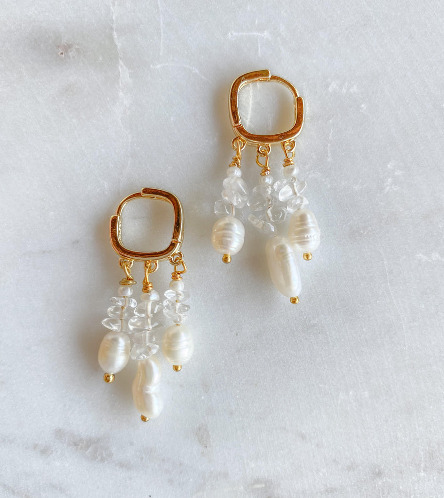Crystal Pearl earrings- clear quarts Gold